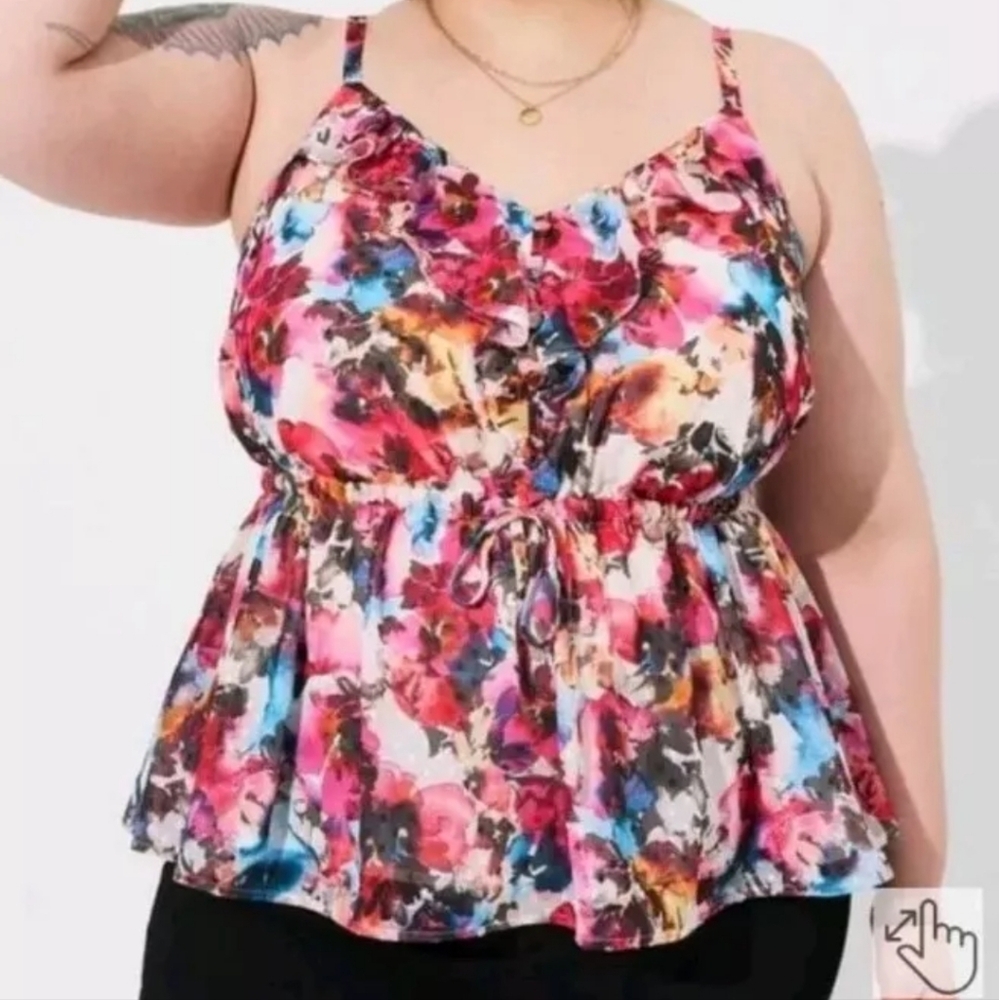 Torrid Size 2 2X Floral Chiffon Clip Dot Ruffle Tie Waist Tank NWT